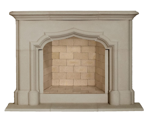 A stone fireplace with a tiled surround and mantel.
