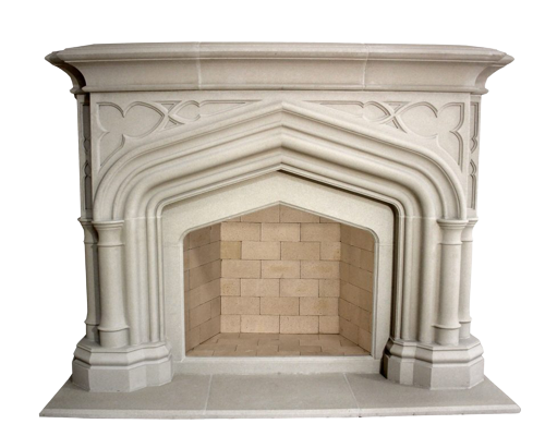A white fireplace mantel with an ornate design.