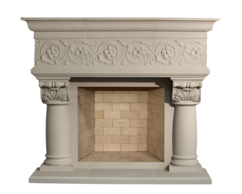A white mantel with ornate carvings beautifully adorns the fireplace.