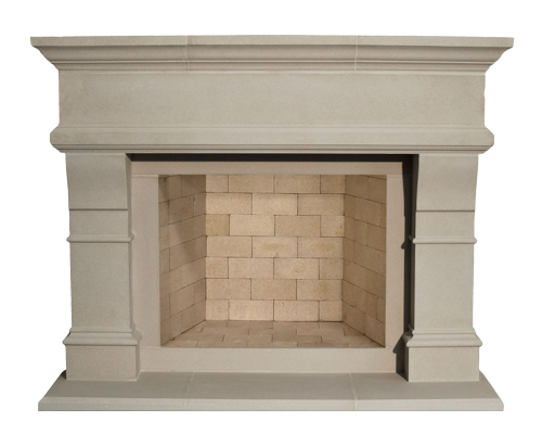 A white stone fireplace with a brick surround and a mantel.