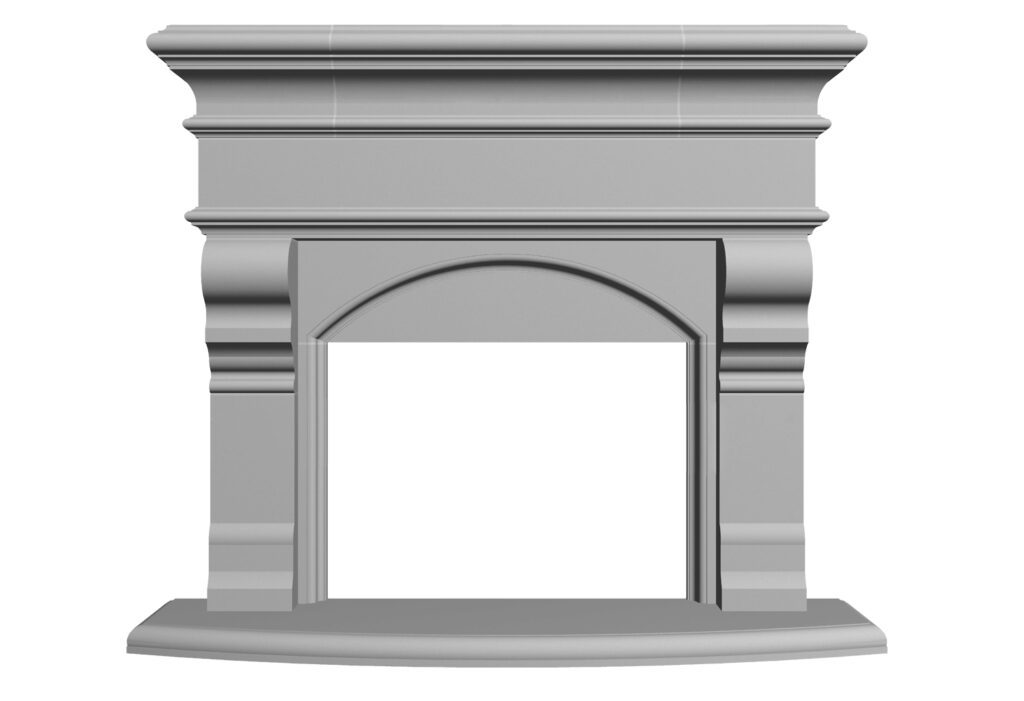 A 3D rendering of a fireplace mantel with filler panels.