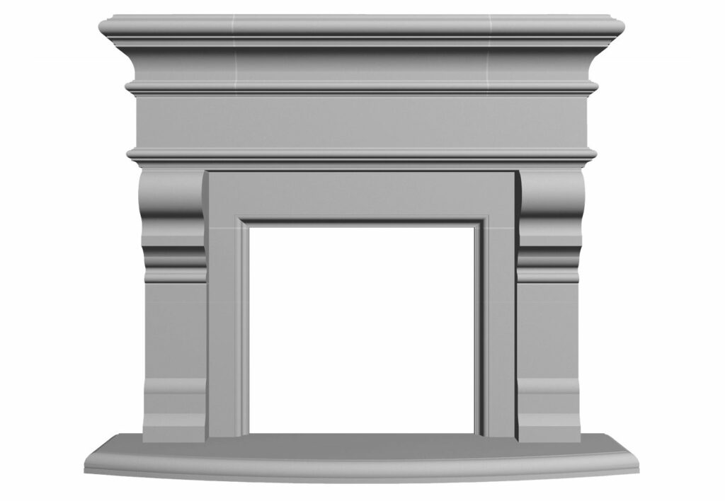 An image of a fireplace surround with filler panels on a white background.