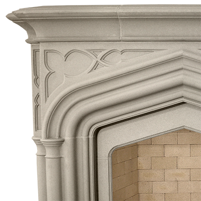 A fireplace mantle adorned with an ornate design.