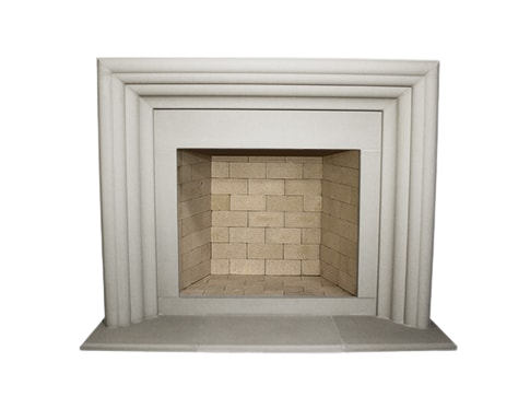 A fast fireplace with a white brick surround.