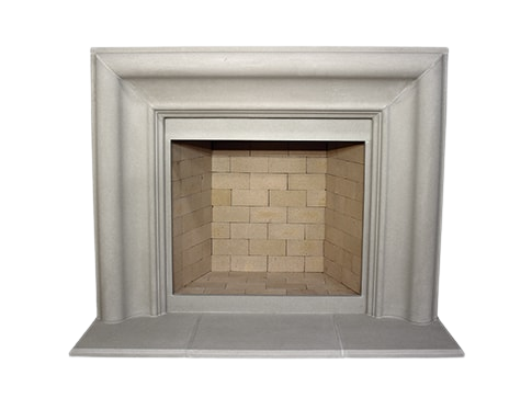 A fast white fireplace with a brick surround.