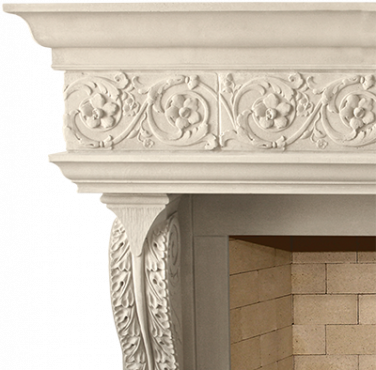 A white Italian fireplace mantel with ornate carvings.