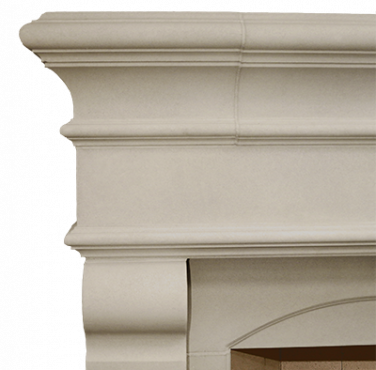 A French-inspired white fireplace mantle with a wooden mantle.