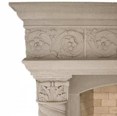 An ornate Italian fireplace mantle with a floral design.