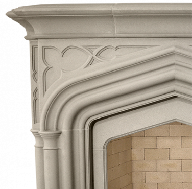 A fireplace mantle adorned with an ornate design.