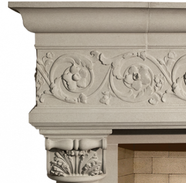 An Italian ornate fireplace mantle with a floral design.