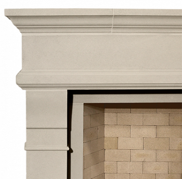 An image of a transitional fireplace mantle with a brick wall.